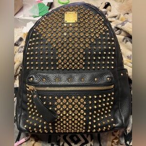 Additional Pics of MCM x Swarovski Studded Black and Gold XL Backpack Bag